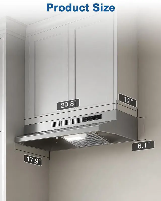Alt view image 2 of 7 - Range Hood 30inch Under Cabinet - Ductless Oven/Stove Vent Hood | Equivalent 300CFM & 45dB Quiet, Durable Stainless Steel, for kitchen with 2-Speed Exhaust Fan & Reusable Filter, Polished