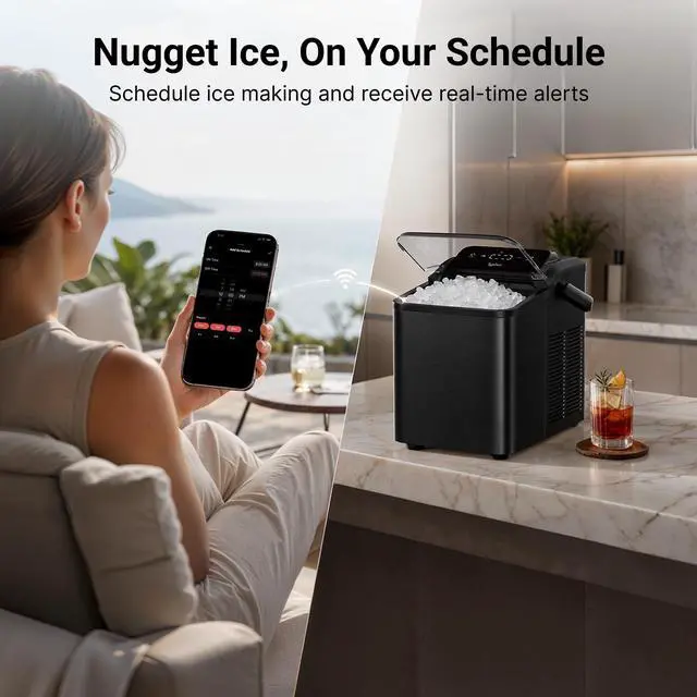 Alt view image 3 of 7 - Smart Nugget Ice Maker Countertop with App Control, Pebble Ice Machine, Portable Pellet Ice Maker with Handle, Self-Cleaning Pump, 8 Cleaners, 35lbs/24H for Home, Kitchen, Office, RV, Black
