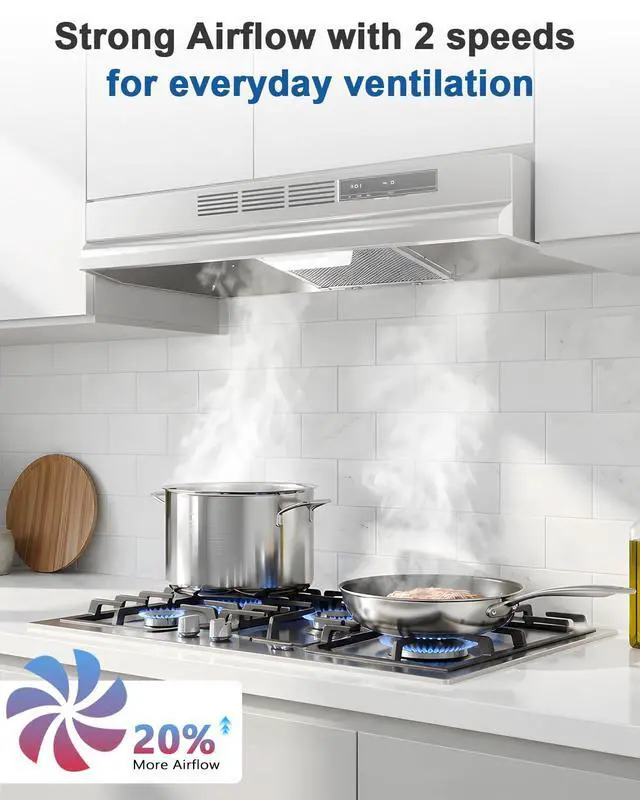 Alt view image 4 of 7 - Range Hood 30inch Under Cabinet - Ductless Oven/Stove Vent Hood | Equivalent 300CFM & 45dB Quiet, Durable Stainless Steel, for kitchen with 2-Speed Exhaust Fan & Reusable Filter, Polished