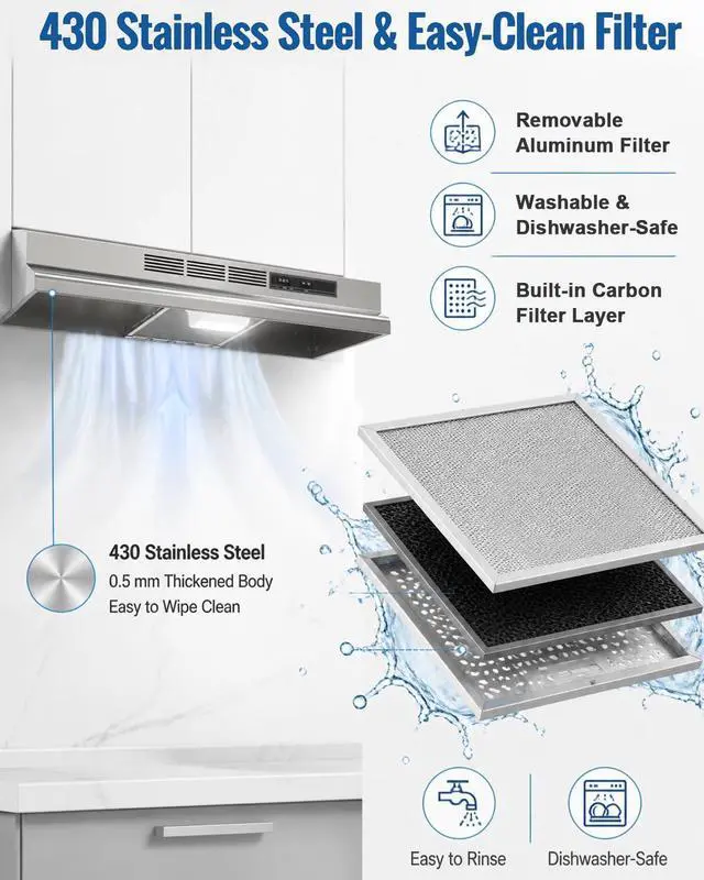 Alt view image 6 of 7 - Range Hood 30inch Under Cabinet - Ductless Oven/Stove Vent Hood | Equivalent 300CFM & 45dB Quiet, Durable Stainless Steel, for kitchen with 2-Speed Exhaust Fan & Reusable Filter, Polished
