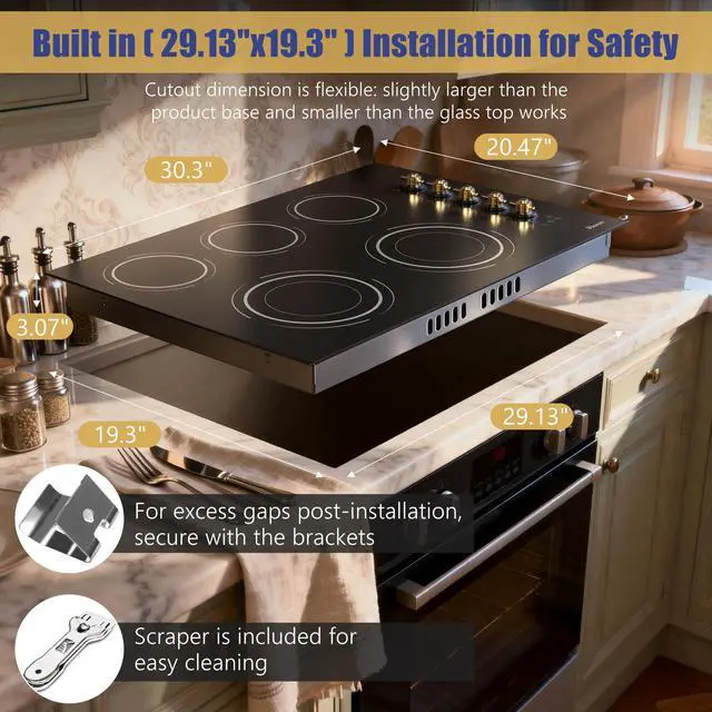 Alt view image 3 of 7 - Upgraded 30" Electric Cooktop 8600W High Power Built-in 240V | 5 Burners 30 Inch Electric Stove with Timer, Safety Lock, Knob Control, Cut-out Size: 29.13"x19.3", 220V Hard Wired (No Plug)
