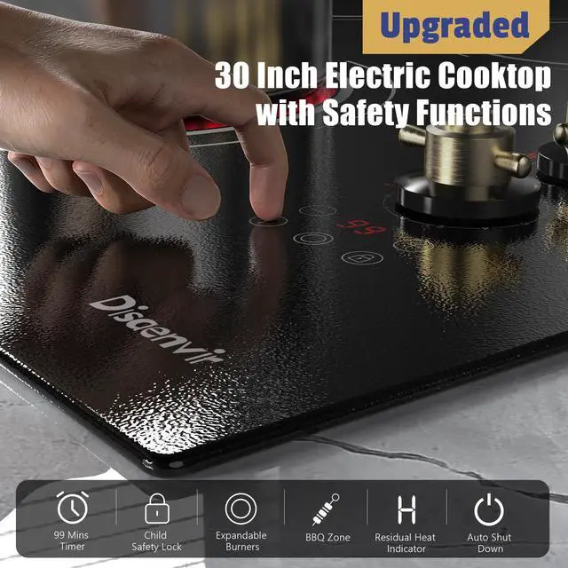 Alt view image 5 of 7 - Upgraded 30" Electric Cooktop 8600W High Power Built-in 240V | 5 Burners 30 Inch Electric Stove with Timer, Safety Lock, Knob Control, Cut-out Size: 29.13"x19.3", 220V Hard Wired (No Plug)