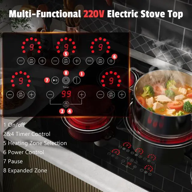 Alt view image 2 of 7 - 30 Inch Electric Cooktop 9000W Built-in 5 Burner 240V Hard Wired | Cut-out Size: 29.13"x19.3", Powerful 30" Electric Stovetop with Timer, Safety Lock, Pause, Expandable Ring, 220V No Plug