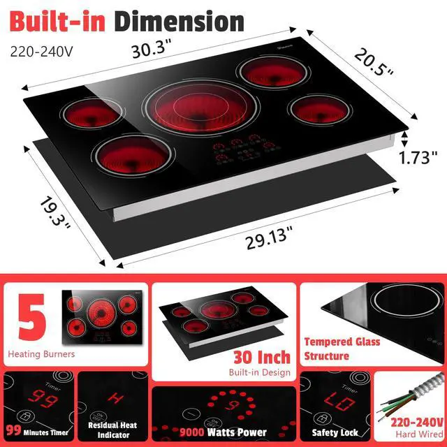 Alt view image 5 of 7 - 30 Inch Electric Cooktop 9000W Built-in 5 Burner 240V Hard Wired | Cut-out Size: 29.13"x19.3", Powerful 30" Electric Stovetop with Timer, Safety Lock, Pause, Expandable Ring, 220V No Plug