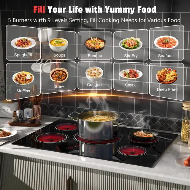 Alt view image 4 of 7 - 30 Inch Electric Cooktop 9000W Built-in 5 Burner 240V Hard Wired | Cut-out Size: 29.13"x19.3", Powerful 30" Electric Stovetop with Timer, Safety Lock, Pause, Expandable Ring, 220V No Plug