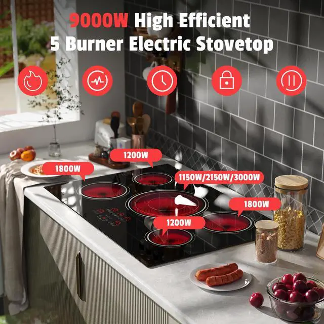 Alt view image 3 of 7 - 30 Inch Electric Cooktop 9000W Built-in 5 Burner 240V Hard Wired | Cut-out Size: 29.13"x19.3", Powerful 30" Electric Stovetop with Timer, Safety Lock, Pause, Expandable Ring, 220V No Plug