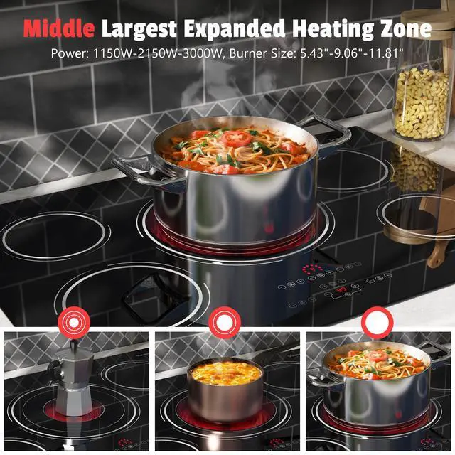 Alt view image 6 of 7 - 30 Inch Electric Cooktop 9000W Built-in 5 Burner 240V Hard Wired | Cut-out Size: 29.13"x19.3", Powerful 30" Electric Stovetop with Timer, Safety Lock, Pause, Expandable Ring, 220V No Plug
