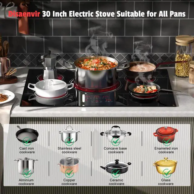 Alt view image 7 of 7 - 30 Inch Electric Cooktop 9000W Built-in 5 Burner 240V Hard Wired | Cut-out Size: 29.13"x19.3", Powerful 30" Electric Stovetop with Timer, Safety Lock, Pause, Expandable Ring, 220V No Plug