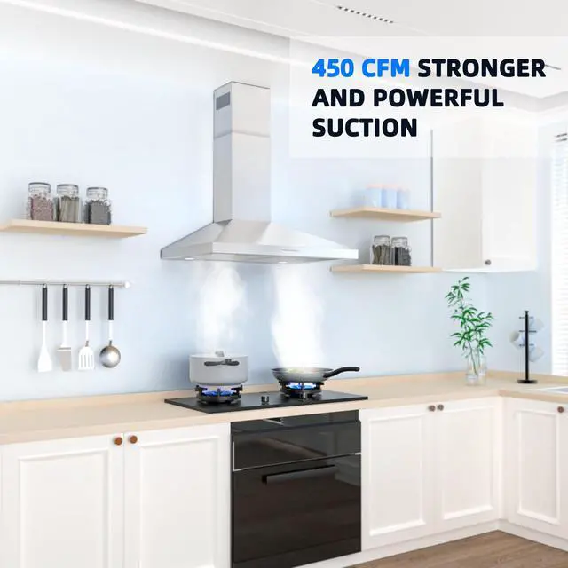 Alt view image 2 of 7 - Range Hood 30 Inch, Stainless Steel Wall Mount Kitchen Hood 450 CFM with 3 Speed Exhaust Fan, Ducted/Ductless Convertible, Stove Vent Hood with Aluminium Mesh and Charcoal Filters