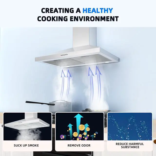 Alt view image 3 of 7 - Range Hood 30 Inch, Stainless Steel Wall Mount Kitchen Hood 450 CFM with 3 Speed Exhaust Fan, Ducted/Ductless Convertible, Stove Vent Hood with Aluminium Mesh and Charcoal Filters