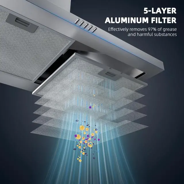 Alt view image 4 of 7 - Range Hood 30 Inch, Stainless Steel Wall Mount Kitchen Hood 450 CFM with 3 Speed Exhaust Fan, Ducted/Ductless Convertible, Stove Vent Hood with Aluminium Mesh and Charcoal Filters