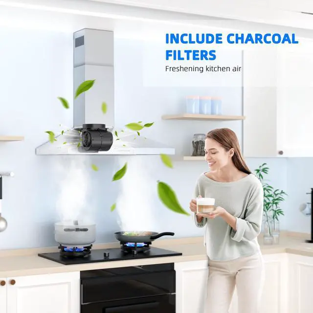 Alt view image 6 of 7 - Range Hood 30 Inch, Stainless Steel Wall Mount Kitchen Hood 450 CFM with 3 Speed Exhaust Fan, Ducted/Ductless Convertible, Stove Vent Hood with Aluminium Mesh and Charcoal Filters