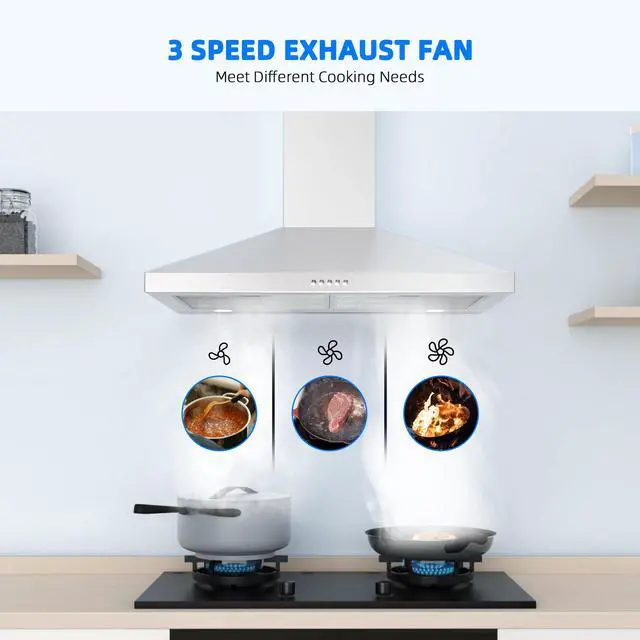 Alt view image 5 of 7 - Range Hood 30 Inch, Stainless Steel Wall Mount Kitchen Hood 450 CFM with 3 Speed Exhaust Fan, Ducted/Ductless Convertible, Stove Vent Hood with Aluminium Mesh and Charcoal Filters