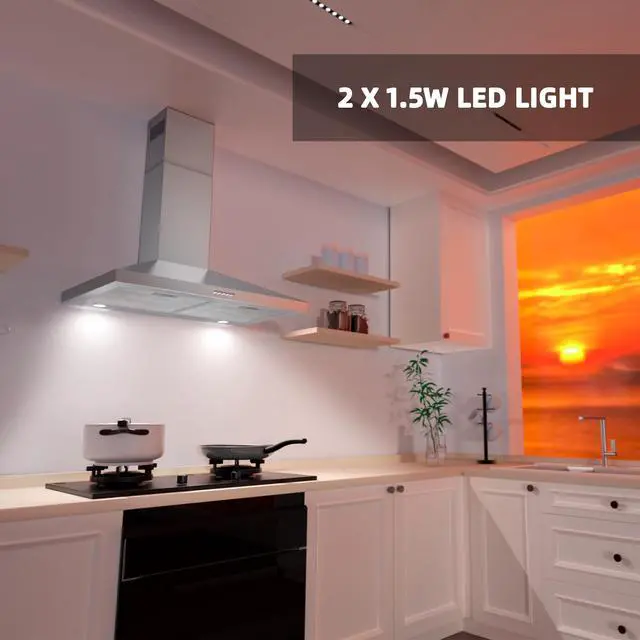 Alt view image 7 of 7 - Range Hood 30 Inch, Stainless Steel Wall Mount Kitchen Hood 450 CFM with 3 Speed Exhaust Fan, Ducted/Ductless Convertible, Stove Vent Hood with Aluminium Mesh and Charcoal Filters