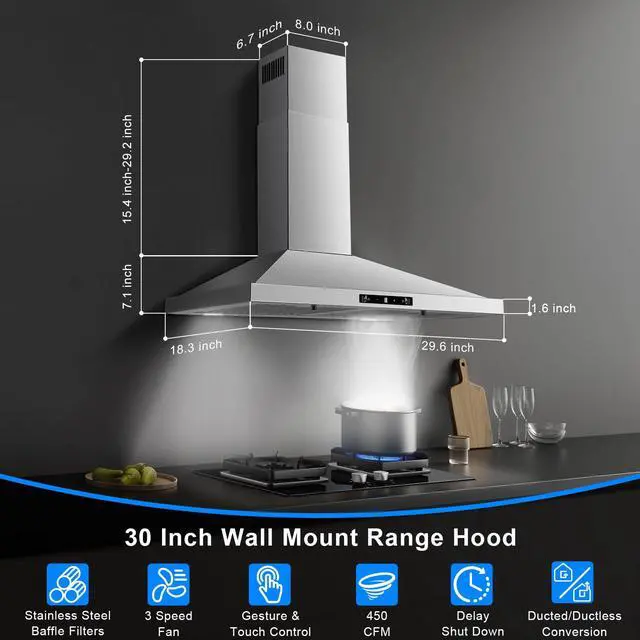 Alt view image 2 of 7 - Wall Mount Range Hood 30 inch, Ducted/Ductless Range Hood | Gesture Sensing & Touch Control Kitchen Hood 30 inch 450 CFM, Vent Hood with Stainless Steel Baffle Filters, 3 Speed Fan