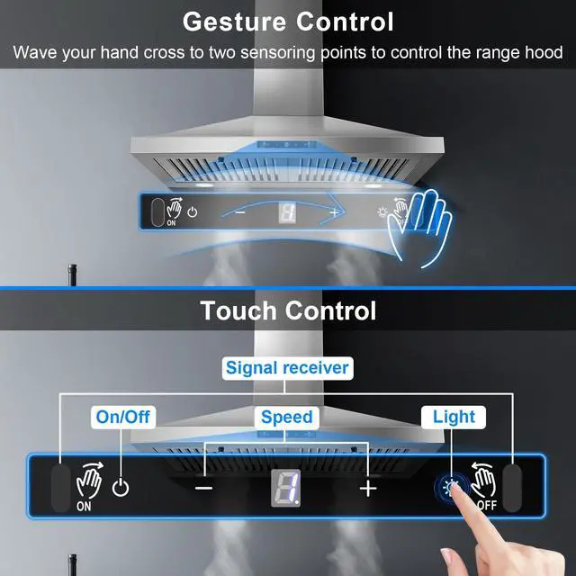 Alt view image 3 of 7 - Wall Mount Range Hood 30 inch, Ducted/Ductless Range Hood | Gesture Sensing & Touch Control Kitchen Hood 30 inch 450 CFM, Vent Hood with Stainless Steel Baffle Filters, 3 Speed Fan