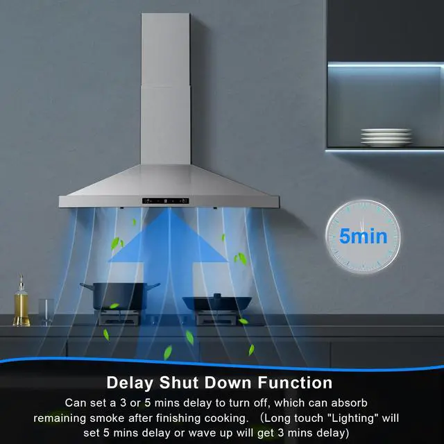 Alt view image 4 of 7 - Wall Mount Range Hood 30 inch, Ducted/Ductless Range Hood | Gesture Sensing & Touch Control Kitchen Hood 30 inch 450 CFM, Vent Hood with Stainless Steel Baffle Filters, 3 Speed Fan