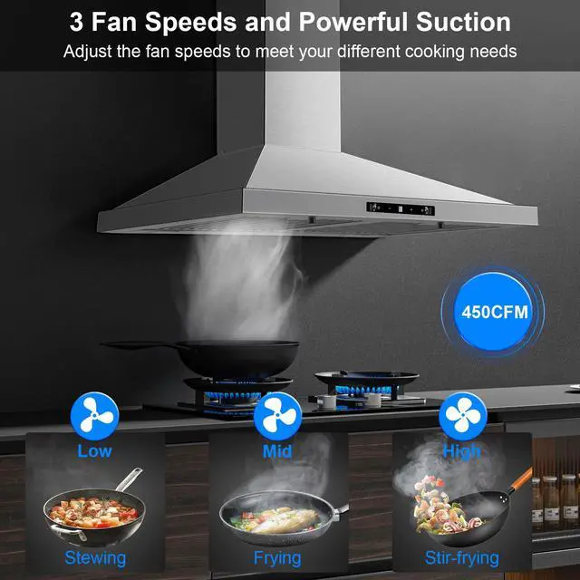 Alt view image 5 of 7 - Wall Mount Range Hood 30 inch, Ducted/Ductless Range Hood | Gesture Sensing & Touch Control Kitchen Hood 30 inch 450 CFM, Vent Hood with Stainless Steel Baffle Filters, 3 Speed Fan