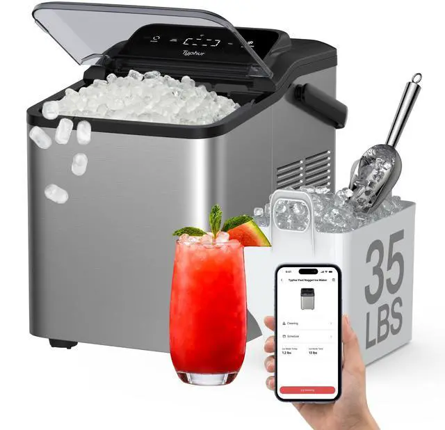 Main image of Smart Nugget Ice Maker Countertop with App Control, Pebble Ice Machine, Portable Pellet Ice Maker with Handle, Self-Cleaning Pump, 8 Cleaners, 35lbs/24H for Home, Kitchen, Office, RV, Silver
