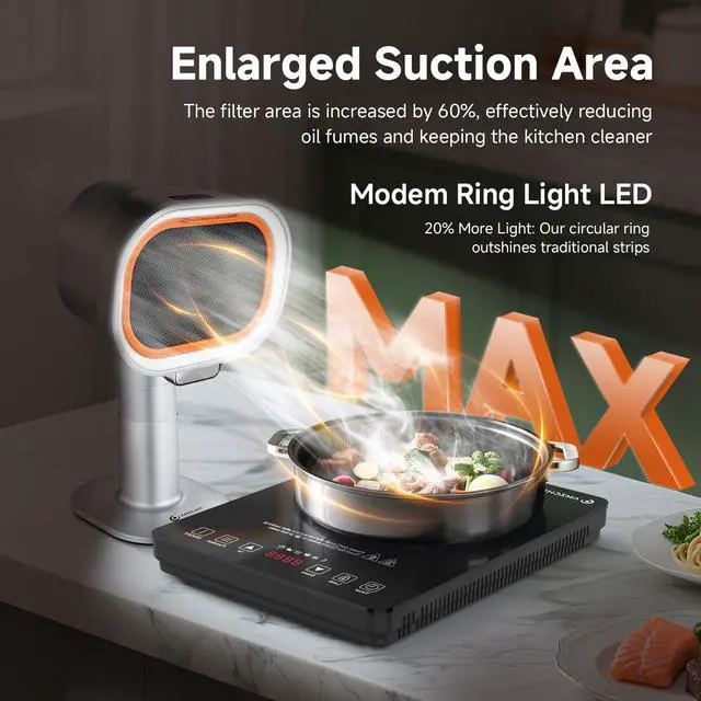 Alt view image 6 of 7 - Portable Range Hood - 4-Speed Adjustable Exhaust Fan with Telescoping Height & 40° Tilt Low Noise 52dB, Large-Caliber Aluminum Filter + Oil Cup & 10 Carbon Cotton Filters for Indoor BBQ/Hot Pot/RV