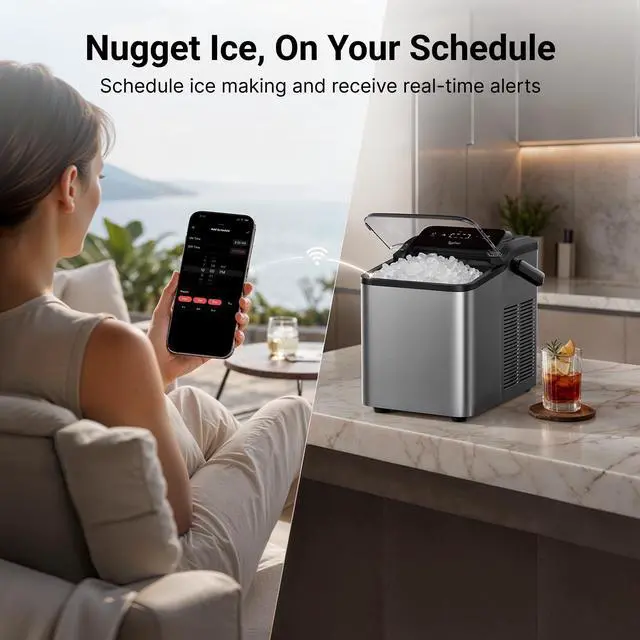 Alt view image 3 of 7 - Smart Nugget Ice Maker Countertop with App Control, Pebble Ice Machine, Portable Pellet Ice Maker with Handle, Self-Cleaning Pump, 8 Cleaners, 35lbs/24H for Home, Kitchen, Office, RV, Silver