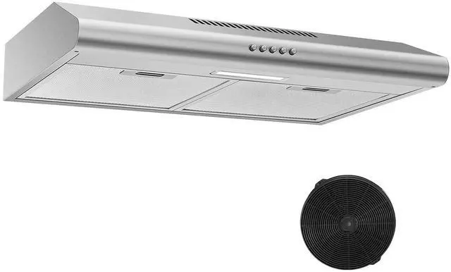 Main image of 24 inch Range Hood Under Cabinet, Stainless Steel Range Hood 280CFM, Slim Kitchen Stove Hood w/Push Button, Ducted/Ductless Convertible, 3 Speeds Exhaust Fan, LED Light and Carbon Filter