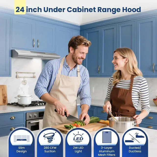 Alt view image 2 of 7 - 24 inch Range Hood Under Cabinet, Stainless Steel Range Hood 280CFM, Slim Kitchen Stove Hood w/Push Button, Ducted/Ductless Convertible, 3 Speeds Exhaust Fan, LED Light and Carbon Filter