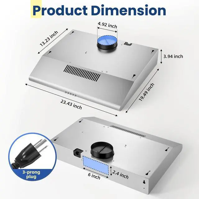 Alt view image 3 of 7 - 24 inch Range Hood Under Cabinet, Stainless Steel Range Hood 280CFM, Slim Kitchen Stove Hood w/Push Button, Ducted/Ductless Convertible, 3 Speeds Exhaust Fan, LED Light and Carbon Filter