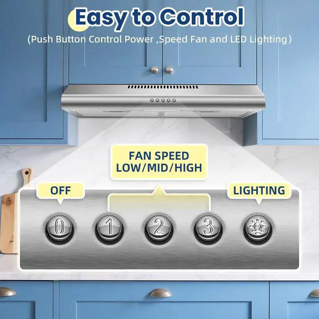 Alt view image 4 of 7 - 24 inch Range Hood Under Cabinet, Stainless Steel Range Hood 280CFM, Slim Kitchen Stove Hood w/Push Button, Ducted/Ductless Convertible, 3 Speeds Exhaust Fan, LED Light and Carbon Filter
