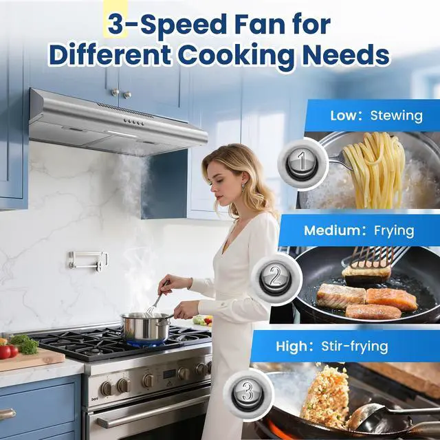 Alt view image 5 of 7 - 24 inch Range Hood Under Cabinet, Stainless Steel Range Hood 280CFM, Slim Kitchen Stove Hood w/Push Button, Ducted/Ductless Convertible, 3 Speeds Exhaust Fan, LED Light and Carbon Filter