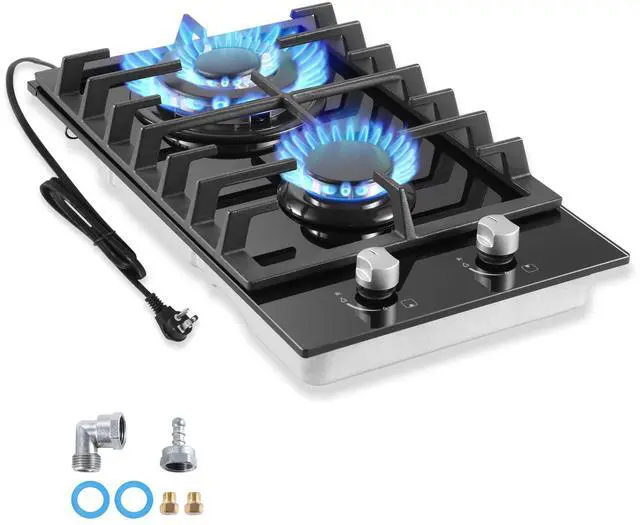 Main image of Gas Cooktop 2 Burner Propane Cooktop, 12 Inch Gas Stove Top with Thermocouple Protection, LPG/NG Dual Fuel Built-in Tempered Glass Stove for Apartment, Indoor, RV