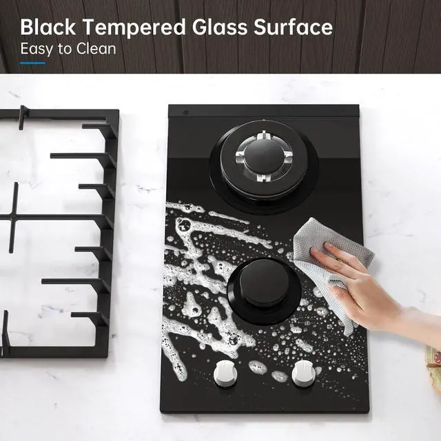 Alt view image 6 of 7 - Gas Cooktop 2 Burner Propane Cooktop, 12 Inch Gas Stove Top with Thermocouple Protection, LPG/NG Dual Fuel Built-in Tempered Glass Stove for Apartment, Indoor, RV