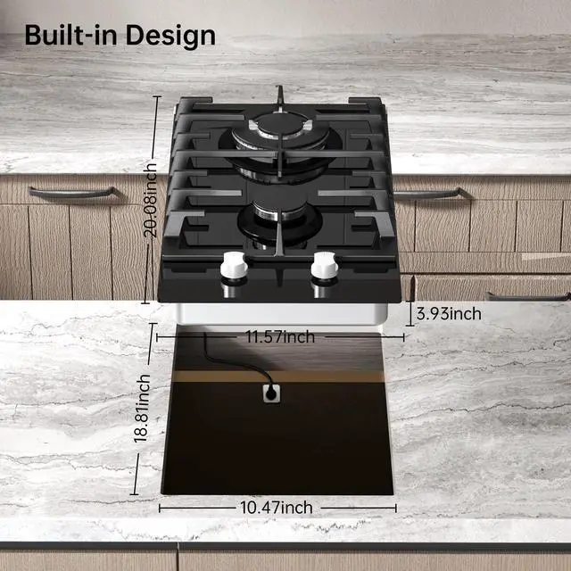 Alt view image 5 of 7 - Gas Cooktop 2 Burner Propane Cooktop, 12 Inch Gas Stove Top with Thermocouple Protection, LPG/NG Dual Fuel Built-in Tempered Glass Stove for Apartment, Indoor, RV