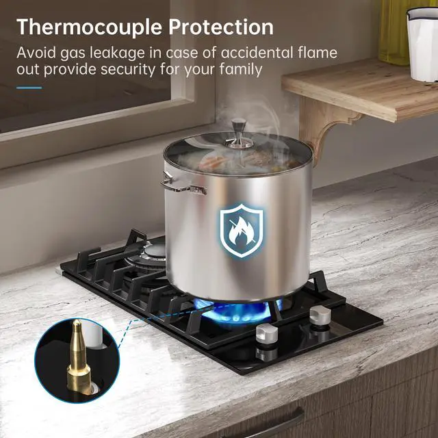 Alt view image 3 of 7 - Gas Cooktop 2 Burner Propane Cooktop, 12 Inch Gas Stove Top with Thermocouple Protection, LPG/NG Dual Fuel Built-in Tempered Glass Stove for Apartment, Indoor, RV
