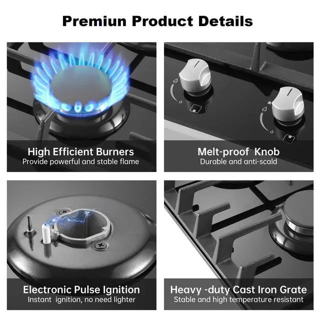 Alt view image 4 of 7 - Gas Cooktop 2 Burner Propane Cooktop, 12 Inch Gas Stove Top with Thermocouple Protection, LPG/NG Dual Fuel Built-in Tempered Glass Stove for Apartment, Indoor, RV