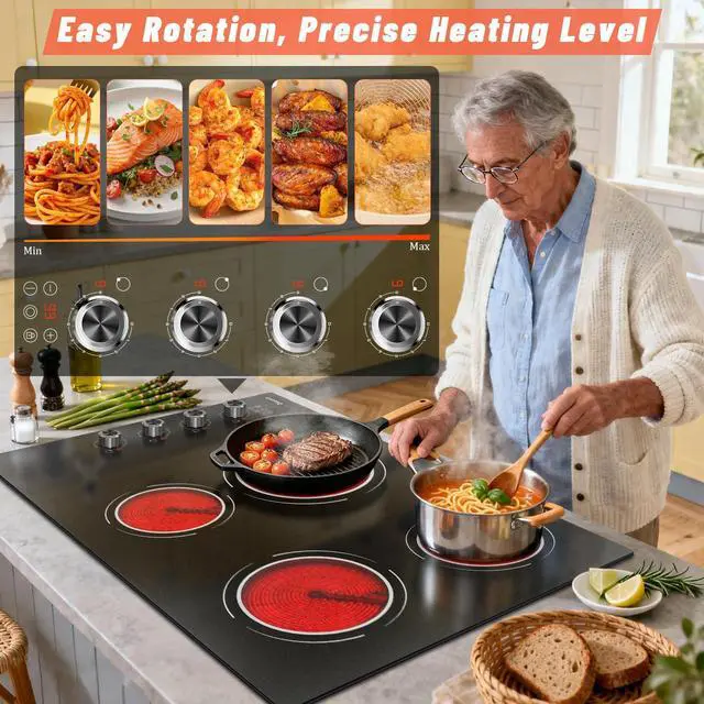 Alt view image 3 of 7 - 30 Inch Electric Cooktop 6700W Knob Control Built-in | 30 In Electric Stove 4 Burner with Timer, Safety Lock, Dual Ring, Cut-out Size: 29.13"x19.3", 240V Hard Wired (No Plug)