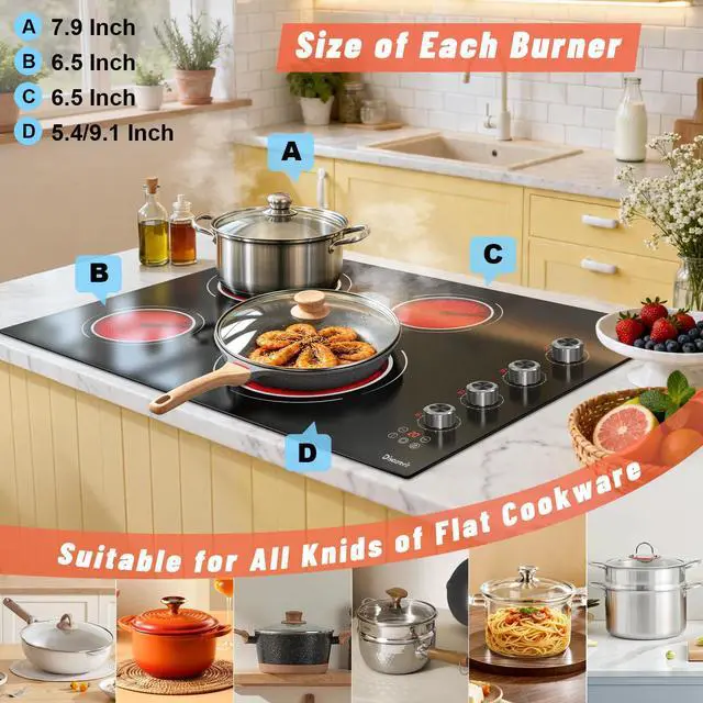 Alt view image 5 of 7 - 30 Inch Electric Cooktop 6700W Knob Control Built-in | 30 In Electric Stove 4 Burner with Timer, Safety Lock, Dual Ring, Cut-out Size: 29.13"x19.3", 240V Hard Wired (No Plug)