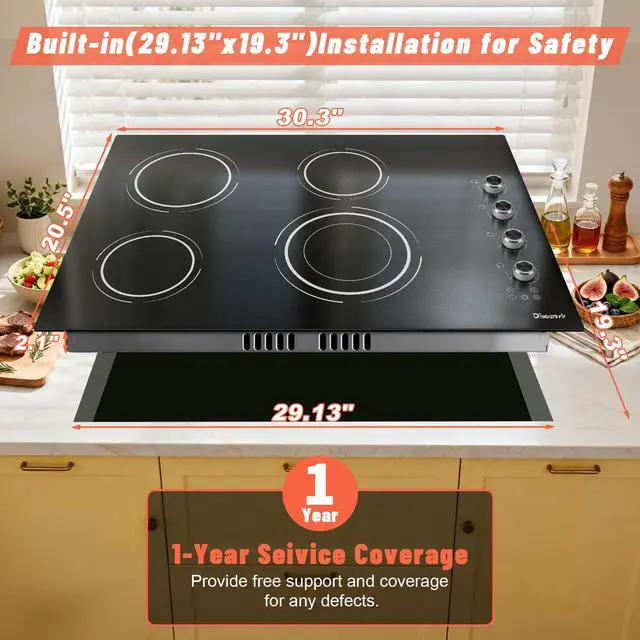 Alt view image 6 of 7 - 30 Inch Electric Cooktop 6700W Knob Control Built-in | 30 In Electric Stove 4 Burner with Timer, Safety Lock, Dual Ring, Cut-out Size: 29.13"x19.3", 240V Hard Wired (No Plug)