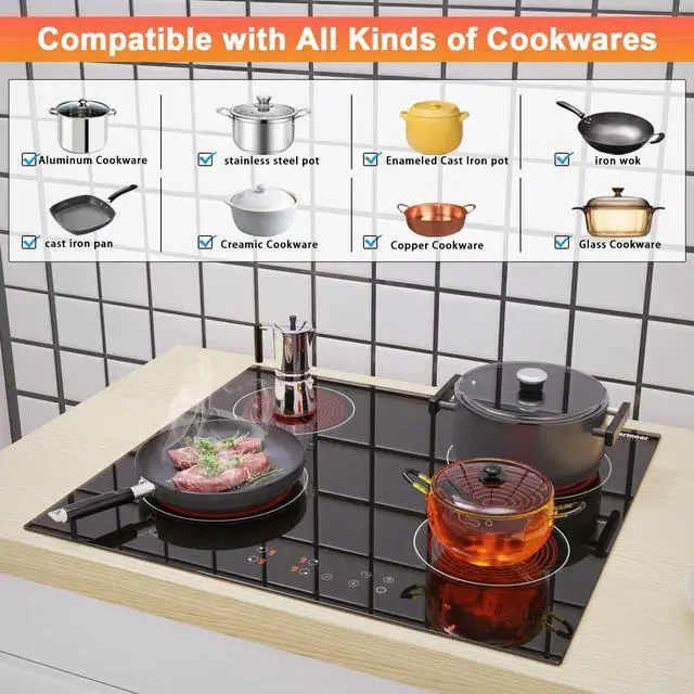Alt view image 2 of 6 - Drop-in 4 Burner Electric Cooktop 24 Inch Radiant Cooktop 24" | Electric Stove Top with Residual Heat Indicator, Child Lock, Timer, 6000W Heats up Quickly, 220-240V, Hard Wire, No Plug