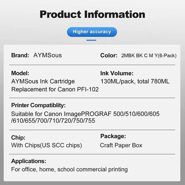Alt view image 2 of 7 - PFI-102 Ink Cartridge Replacement for Canon PFI-102 PFI102 PFI-102MBK PFI-102BK PFI-102C PFI-102M PFI-102Y for Canon imagePROGRAF iPF500 510 600 605 610 650 655 700 710 720 750 (6-Pack)