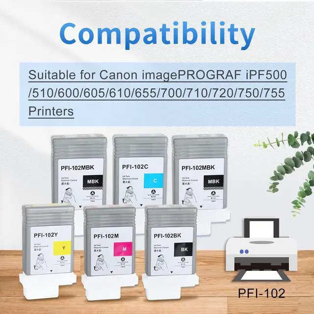 Alt view image 6 of 7 - PFI-102 Ink Cartridge Replacement for Canon PFI-102 PFI102 PFI-102MBK PFI-102BK PFI-102C PFI-102M PFI-102Y for Canon imagePROGRAF iPF500 510 600 605 610 650 655 700 710 720 750 (6-Pack)