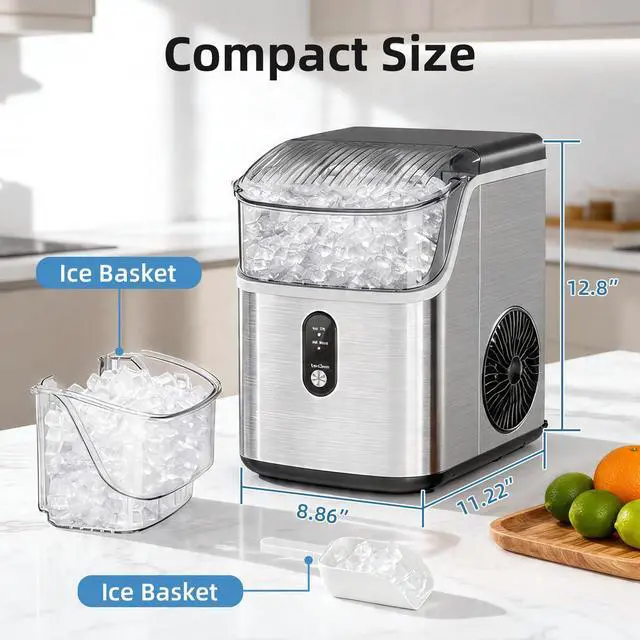 Alt view image 2 of 7 - Nugget Ice Maker Countertop, 35lbs/24H, Soft Chewable Ice, Self-Cleaning, Fast Making in 8 Mins, Portable Ice Machine with Handle, Ice Basket & Scoop, Stainless Steel Silver