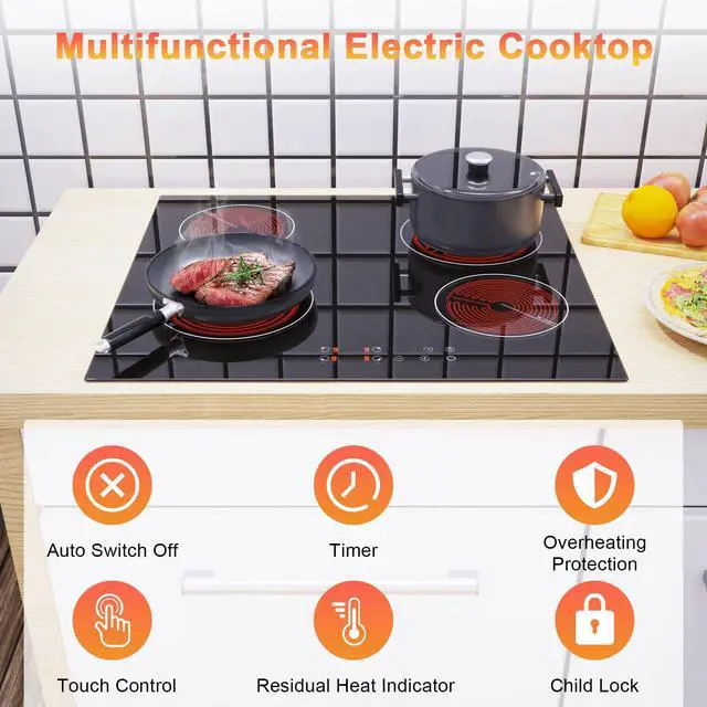 Alt view image 3 of 6 - Drop-in 4 Burner Electric Cooktop 24 Inch Radiant Cooktop 24" | Electric Stove Top with Residual Heat Indicator, Child Lock, Timer, 6000W Heats up Quickly, 220-240V, Hard Wire, No Plug