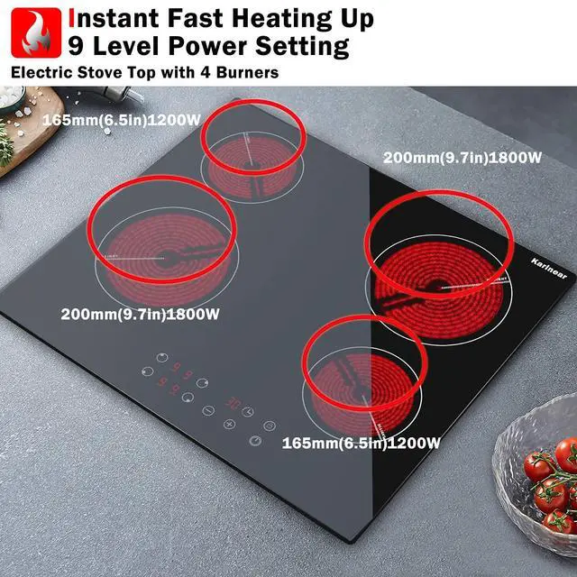 Alt view image 4 of 6 - Drop-in 4 Burner Electric Cooktop 24 Inch Radiant Cooktop 24" | Electric Stove Top with Residual Heat Indicator, Child Lock, Timer, 6000W Heats up Quickly, 220-240V, Hard Wire, No Plug