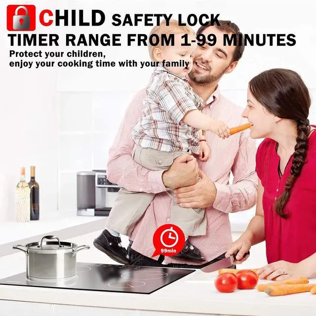 Alt view image 5 of 6 - Drop-in 4 Burner Electric Cooktop 24 Inch Radiant Cooktop 24" | Electric Stove Top with Residual Heat Indicator, Child Lock, Timer, 6000W Heats up Quickly, 220-240V, Hard Wire, No Plug
