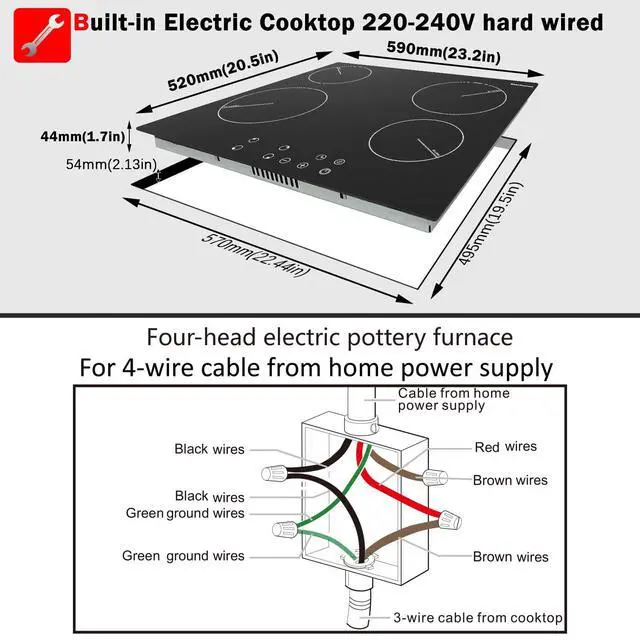 Alt view image 6 of 6 - Drop-in 4 Burner Electric Cooktop 24 Inch Radiant Cooktop 24" | Electric Stove Top with Residual Heat Indicator, Child Lock, Timer, 6000W Heats up Quickly, 220-240V, Hard Wire, No Plug
