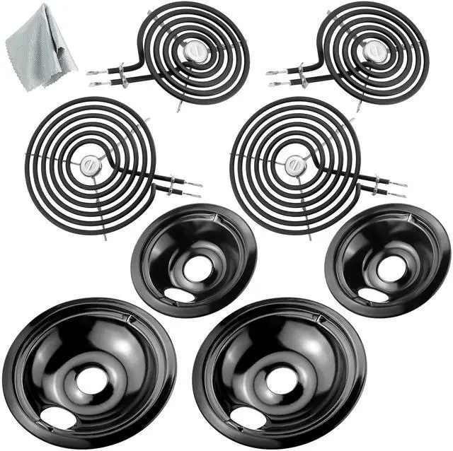 Main image of Electric Stove Burners and Porcelain Drip Pans Set Compatible with G-E Hot-point Stoves, Includes WB31M20 WB31M19 Black Stove Drip Pans & WB30M1 WB30M2 Electric Range Burner Elements by
