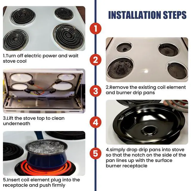 Alt view image 7 of 7 - Electric Stove Burners and Porcelain Drip Pans Set Compatible with G-E Hot-point Stoves, Includes WB31M20 WB31M19 Black Stove Drip Pans & WB30M1 WB30M2 Electric Range Burner Elements by