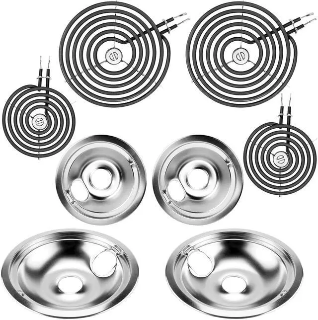 Main image of WB31T10010 WB31T10011 Chrome Drip Pans and WB30M1 WB30M2 Electric Stove Burners Replacement for G.E Hot-point Stove, 6" & 8 Drip Pans and Stove Burner Element Set by - 1 Year