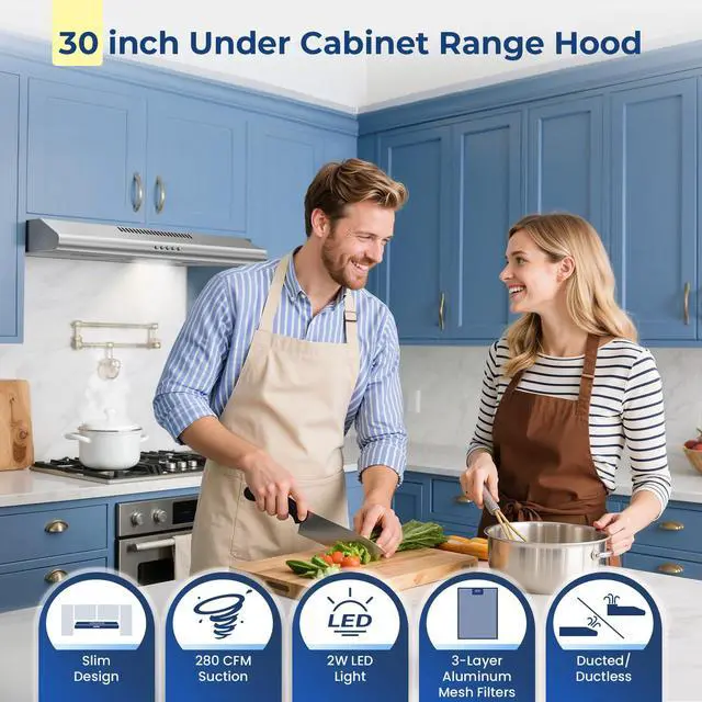 Alt view image 2 of 7 - Under Cabinet Range Hood 30 inch, Stainless Steel Kitchen Hood | Button Controls, 280 CFM Stove hood with Carbon Filter, Ducted/Ductless Convertible, 2 Pcs Aluminum Filters